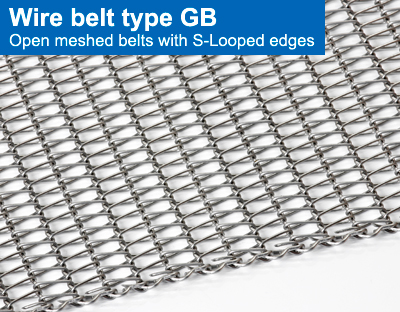 Wire belt type GB. Open meshed belts with S-Looped edges