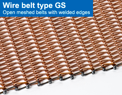 Wire belt type GS. Open meshed belts with welded edges