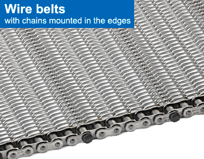 Wire belts with chains mounted in the edges